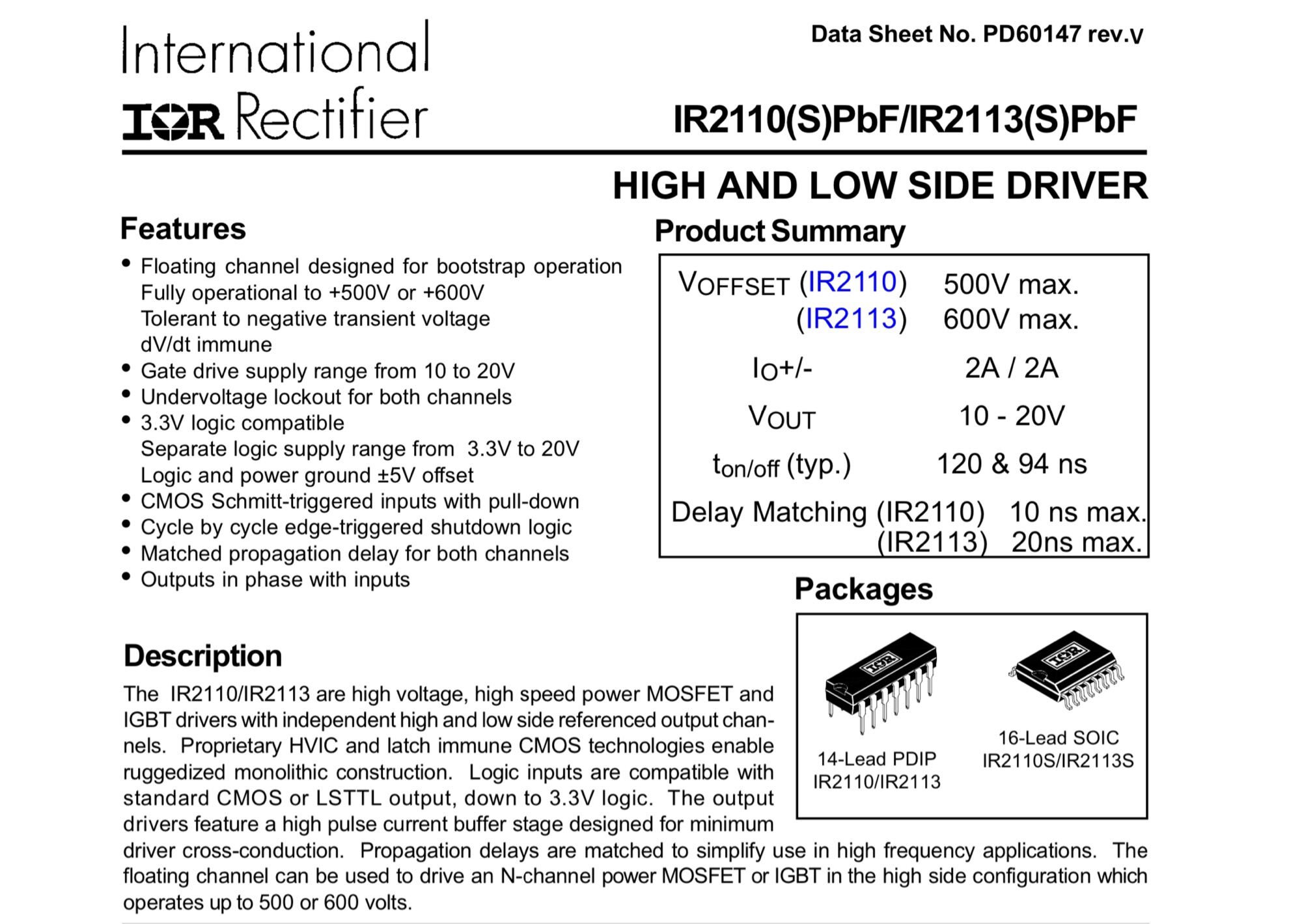 IR2110 MOSFET Driver Datasheet Pinout Circuit Equivalents 46 OFF