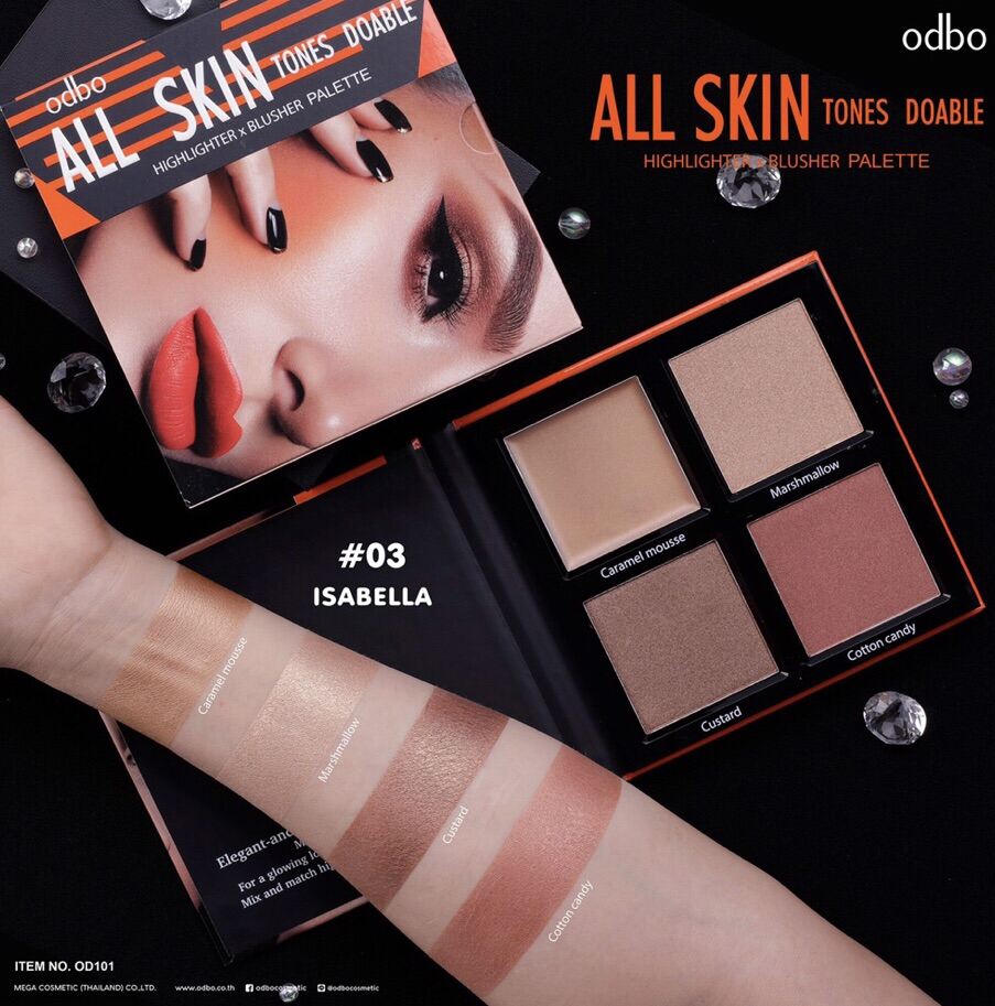 ODBO All Skin Tones Doable Highlighter & Blusher  Palette (OD101)โอดีบีโอ ออล สกิน โทนส์ ดูเอเบิ้ล ไฮไลท์เทอร์ เอ็กซ์ บลัชเชอร์พาเลท Exp.02/22