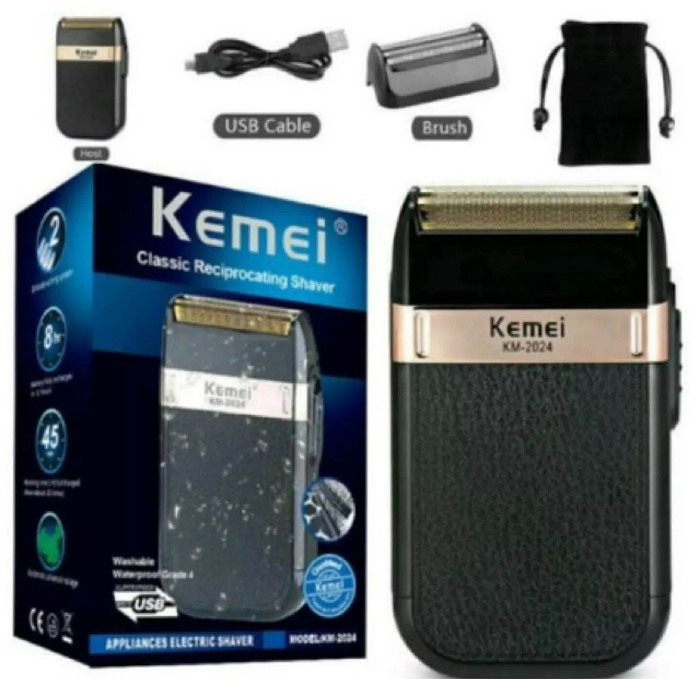 Kemei KM-2024 เครื่องโกนหนวดแบบชาร์จไฟไร้สาย ใบมีดคู่ระบบตัดใบมีดคู่ ทำงานไขว้กัน อย่างมีประสิทธิภาพมอเตอร์ทำจากวัสดุอัลลอยด์ หมุนความเร็วสูง เสียงเงียบเครื่องใบมีดออกแบบมาสำหรับโกนหนวดที่ยาวและนุ่มนวล ไร้ร่องรอย