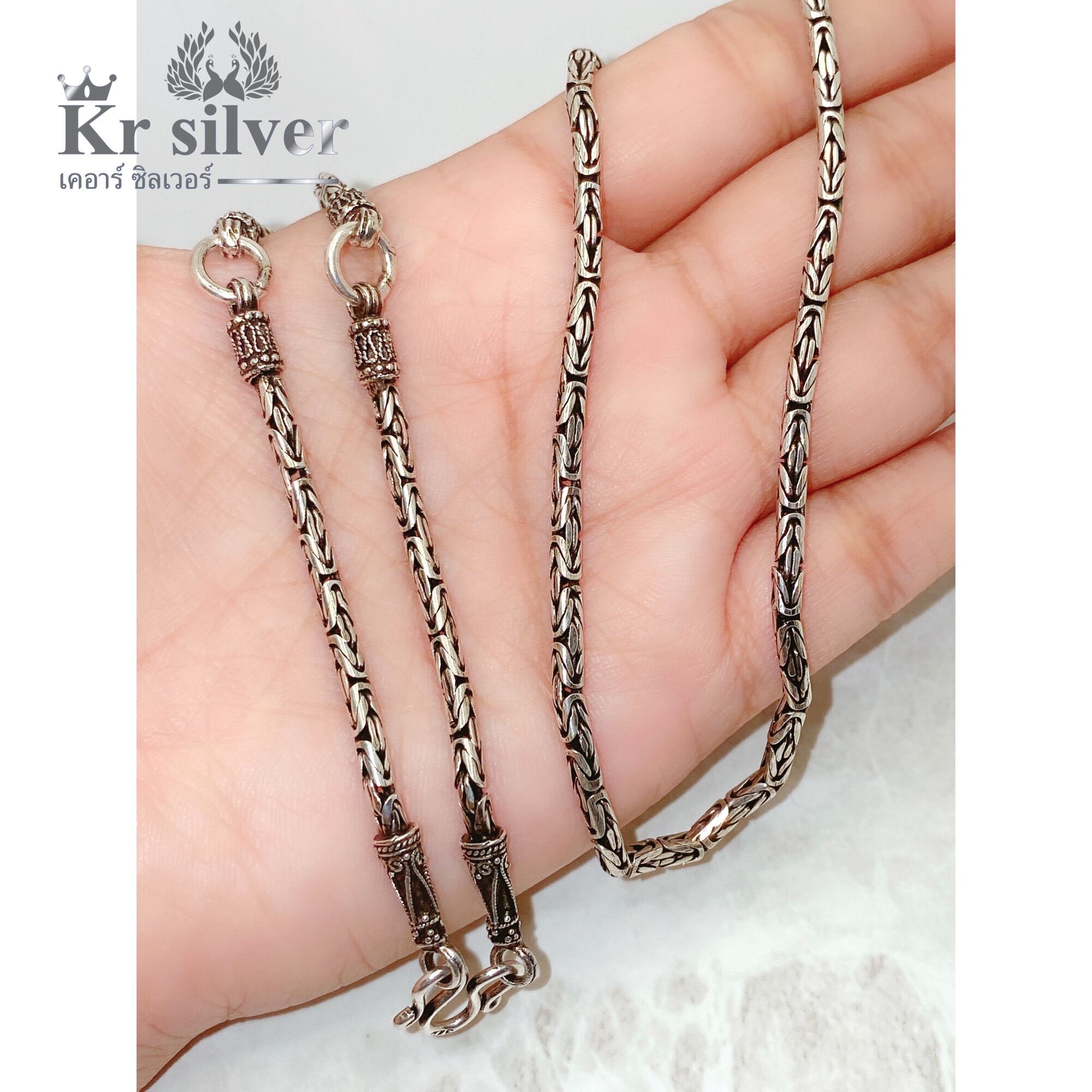 Kr silver  สร้อยคอเงินแท้ ลายบาหลีรมดำ (ห้อยพระ 3 องค์)