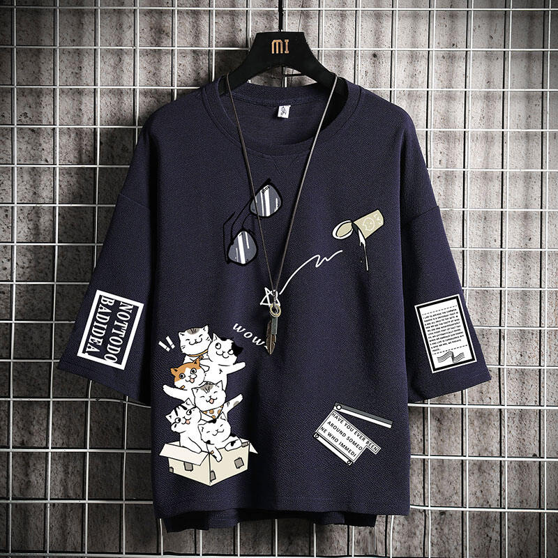 สำหรับฤดูร้อนเสื้อยืดแขนสั้นผู้ชายแบรนด์ฮิตหลวม INS แฟชั่นแขนยาว7ส่วนเข้าได้หลายชุดลูกแมวพิมพ์ลายรู้สึกน้ำแข็งเสื้อยืดเสื้อ