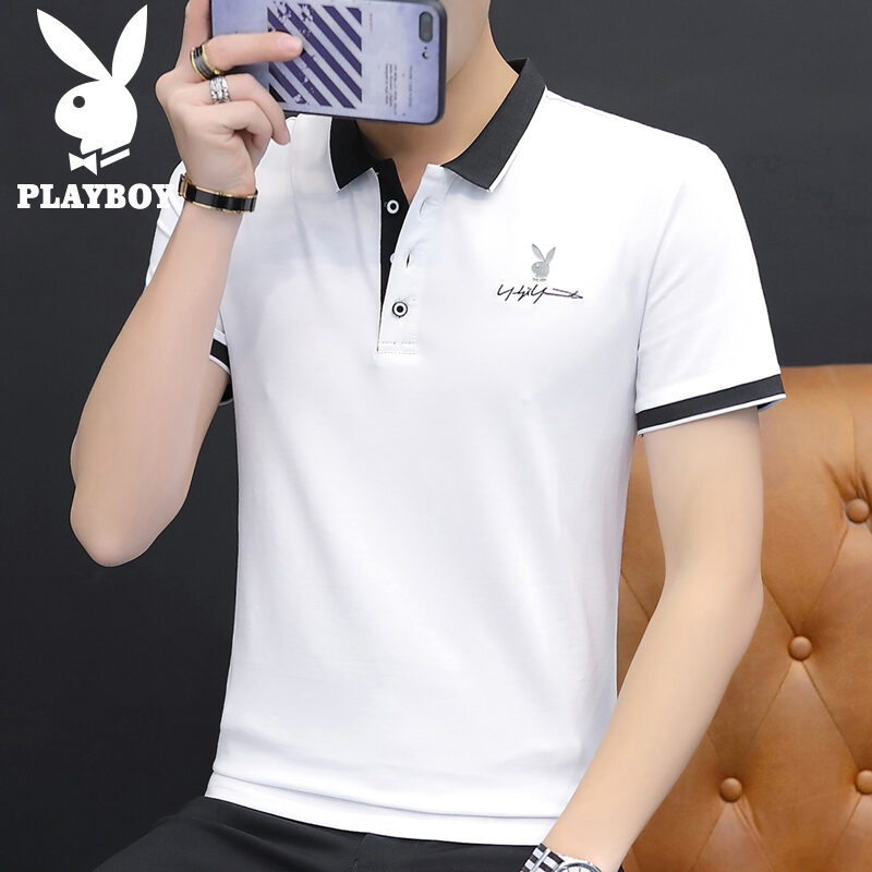 PLAYBOY สำหรับฤดูร้อนเสื้อยืดแขนสั้นผู้ชายแฟชั่นคอปกฝ้าย100% ผ้าวิสคอสเสื้อยืดบนเสื้อผ้าเสื้อโปโลเสื้อผ้าผู้ชาย