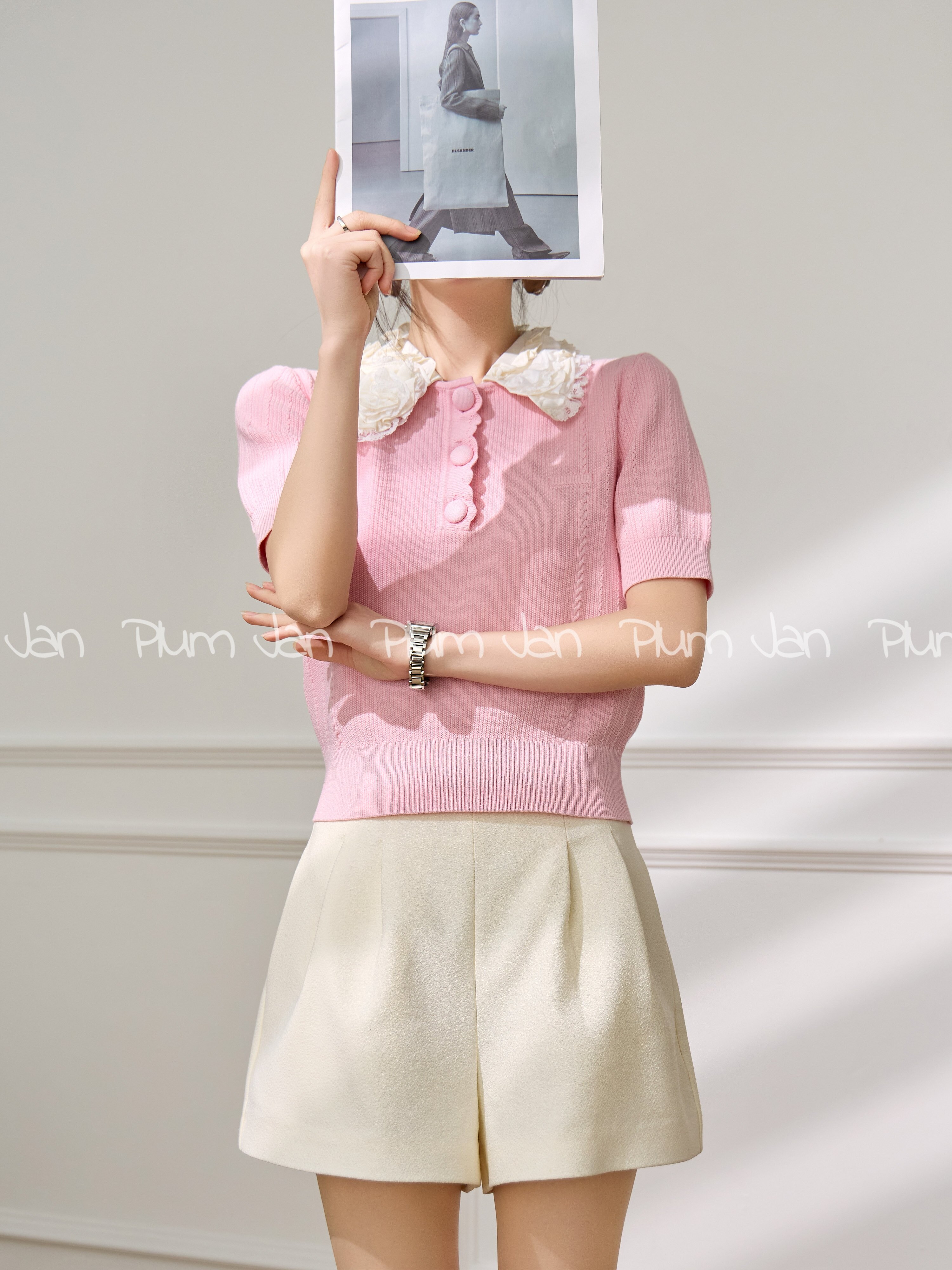 PlumJan | Summer New Pink Knit Sleeve Short Wooden Ear Flared Collar Puffy Sleeves Ageless Commuting Top ราคา 6,397,878 บาท*ส่งฟรี