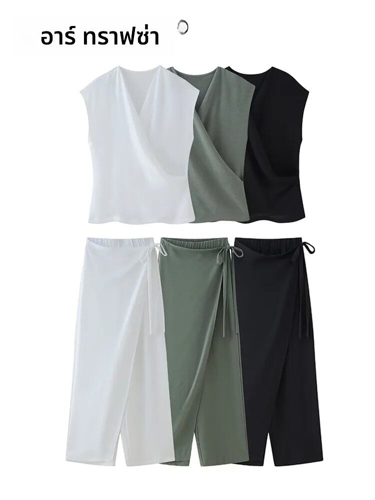 Trafza ชุดสูทกางเกงสำหรับหน้าร้อนคอวีแขนกุดแบบไม่สมมาตรสำหรับผู้หญิง + กางเกงผูกโบว์เอวยางยืดผูกเชือก ราคา 262 บาท*ส่งฟรี
