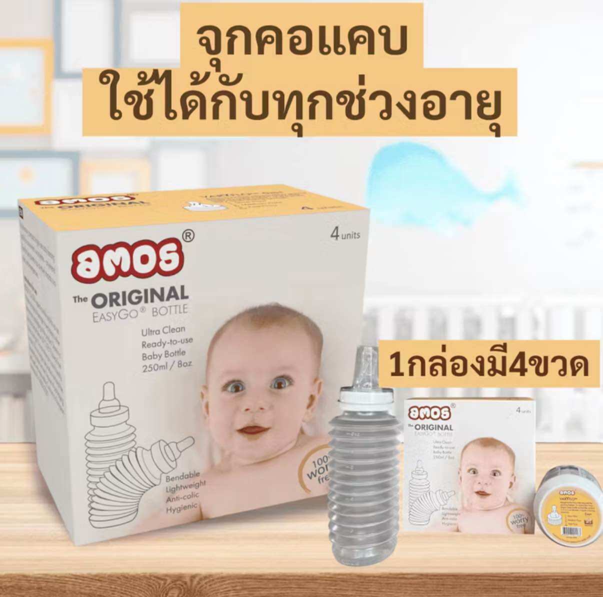 ขวดนมพกพา ใช้แล้วทิ้งจุกคอแคบ กล่องเล็ก4ขวด(เหลือง)