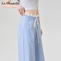 La Chapelle | กางเกงขาบานลายทางสีน้ำเงินเอวสูงผ้าฝ้ายบางสำหรับผู้หญิงแฟชั่นฤดูร้อน