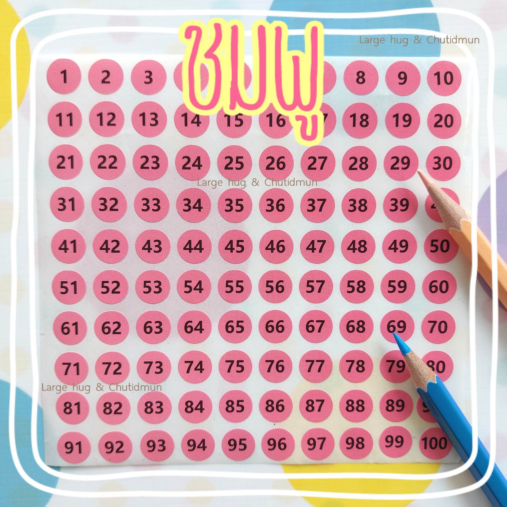 สติ๊กเกอร์สีน่ารัก ตัวเลข 1-100 ขนาด 1 ซม. พื้นสี ตัวเลขสีดำ