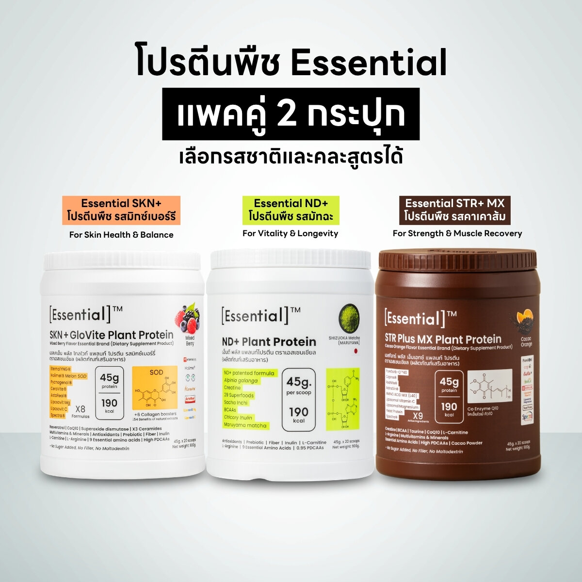 ผลิตภัณฑ์เพื่อสุขภาพ Essential (แพ็ค 2 รสชาติ) โปรตีนจากพืชจำเป็น โปรตีนจากพืช เลือกได้ 2 รสชาติ ราคา 3,820 บาท*ส่งฟรี