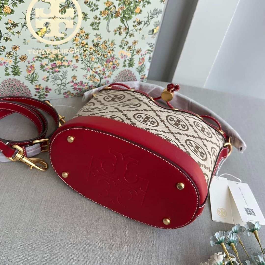 NWT Tory Burch 84336 T Monogram Jacquard Bucket Bag Hazelnut/Tory Red