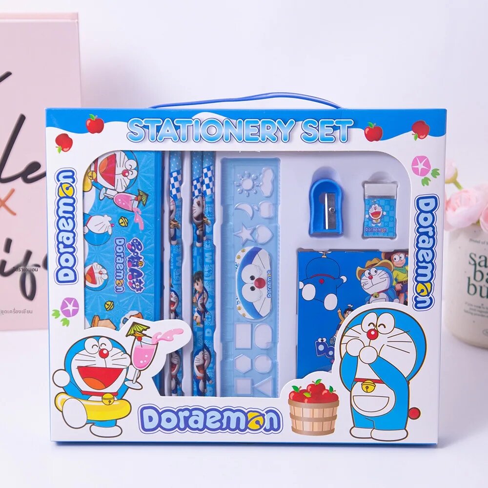 Bandai | สินค้าอนิเมะโดราเอมอน ชุดเครื่องเขียนนักเรียน 8 ชิ้น ชุดดินสอ สำหรับนักเรียนประถม ชุดเครื่องเขียนสำหรับการเรียนรู้ ขายส่ง