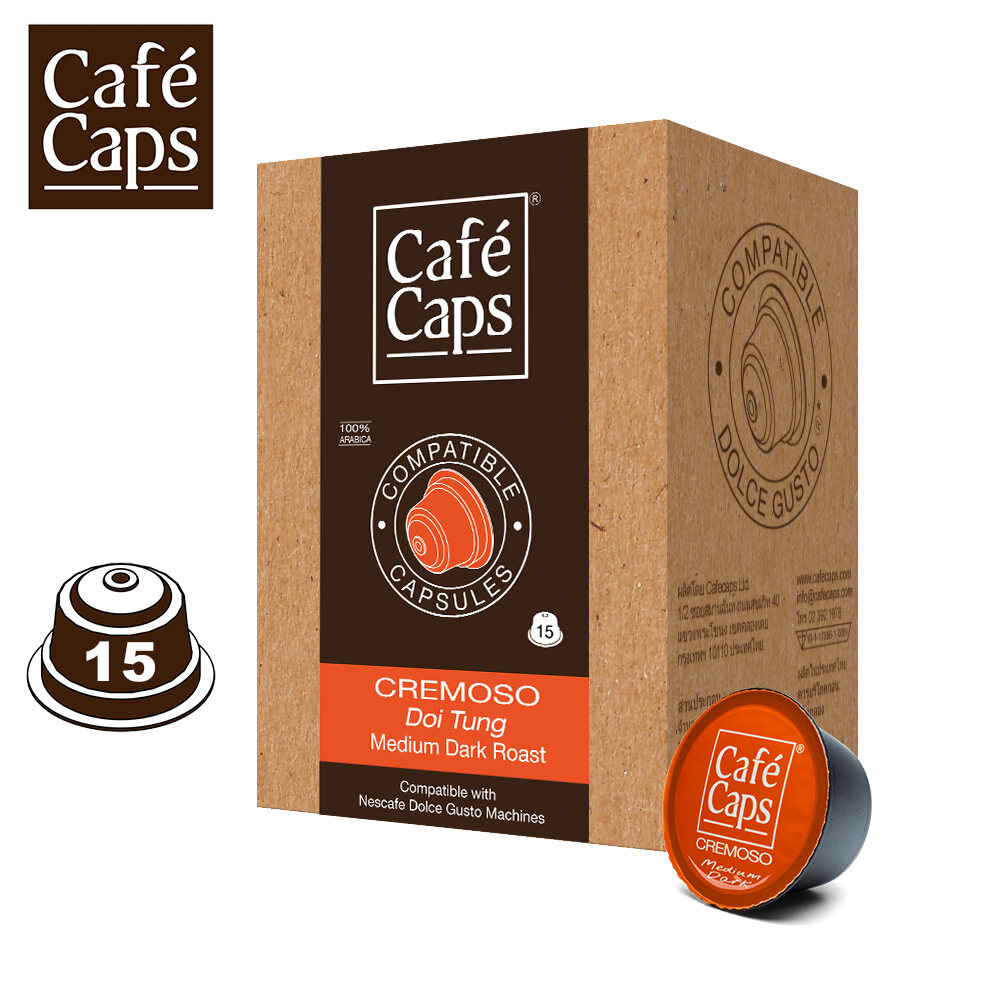 Cafecaps - Coffee capsule Nescafe Dolce Gusto Compatible Cremoso (1 Box X15 capsules) - Medium roasted Doi Tung beans, testing notes: Fruity Caramel, soft acidity but sweet at the end ราคา 239 บาท*ส่งฟรี
