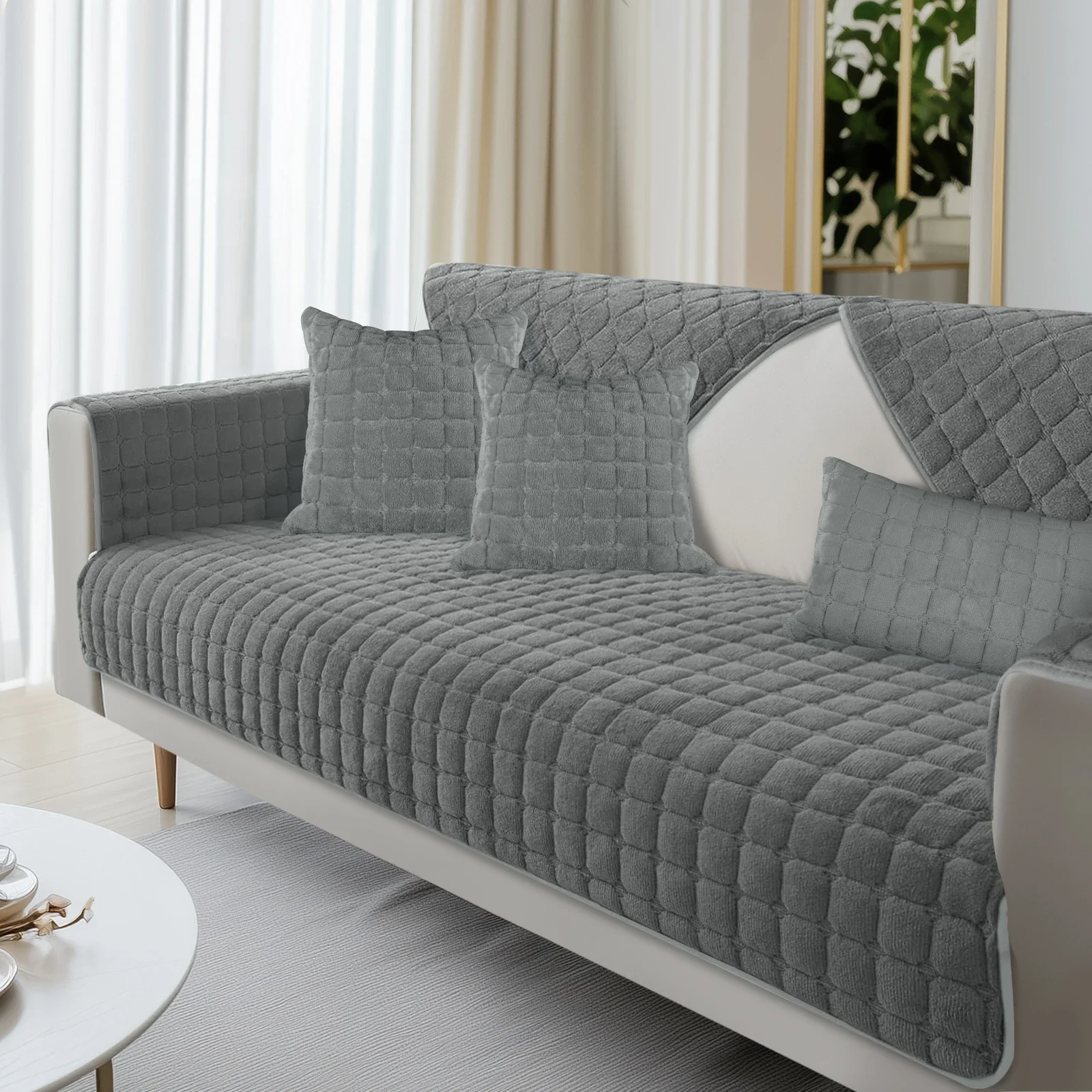 กํามะหยี่ตุ๊กตาลายสก๊อตผ้าโซฟา Super Soft Non SLIP โซฟา Fluffy Fuzzy Slipcover เฟอร์นิเจอร์ Protector