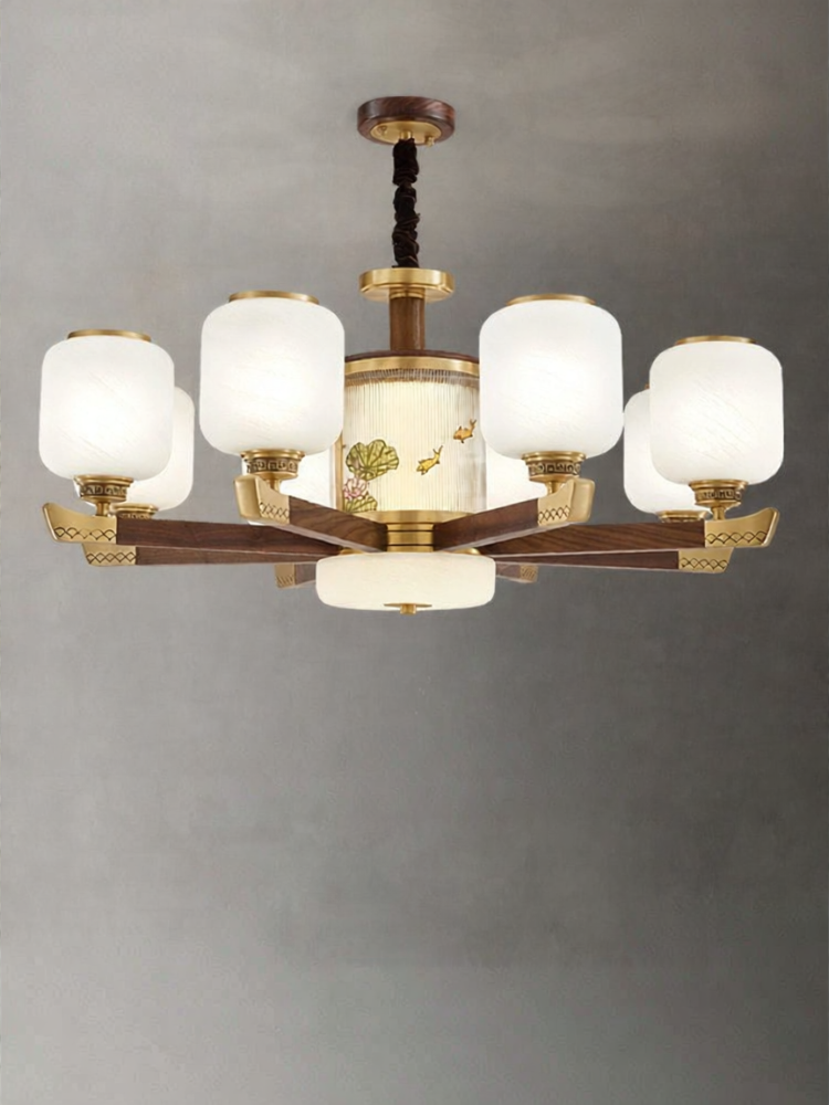 TONGXINMUYUN | New Chinese Style Copper Wooden Simple Atmospheric High-End Living Room Chandelier ราคา 34,245 บาท*ส่งฟรี
