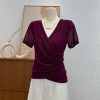 FEILINGLAN | เสื้อยืดแฟชั่นคอวี ไหล่ตรง สีม่วง สำหรับฤดูร้อน