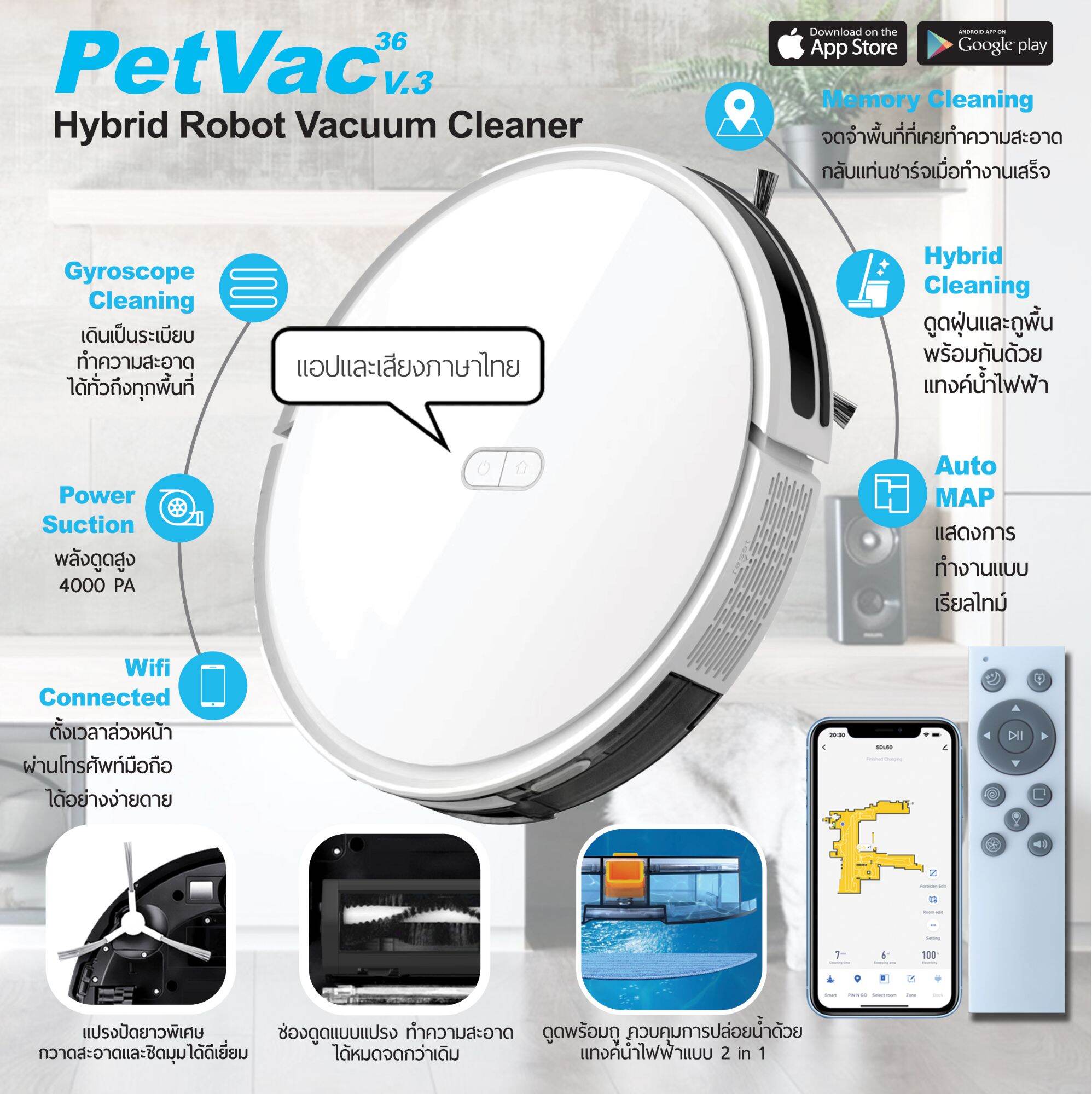 PetVac360 v.3 หุ่นยนต์ดูดฝุ่นและถูพื้นแบบแทงค์น้ำ ระบบ Wifi Gyro-Mapping ฉลาดอย่างมีระเบียบ ราคา 4,188 บาท*ส่งฟรี