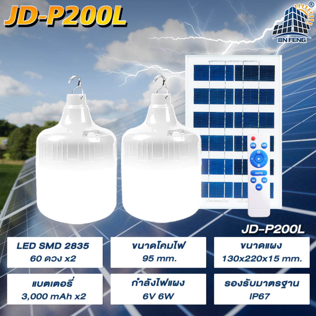 JD-P 【รับประกัน1ปี】โซล่าเซลล์ ไฟตุ้ม3สี ไฟตั้งแคมป์ หลอดไฟโซล่าเซลล์ AW-200-1000w เปิด-ปิด อัตโนมัติ แบตนาน48ชั่วโมง