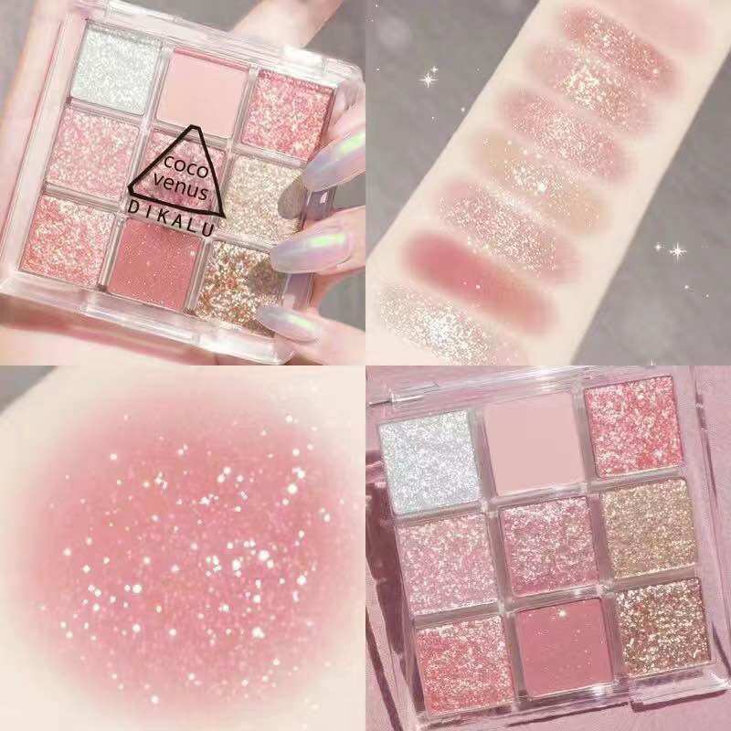 S-02🌟DIKALU พาเลทอายแชโดว์ 9 สี ประกายแววาว ประกายชิมเมอร์ ทาตา กันน้ำ กันเหงื่อ ติดทนนาน ขนาดพกพ...