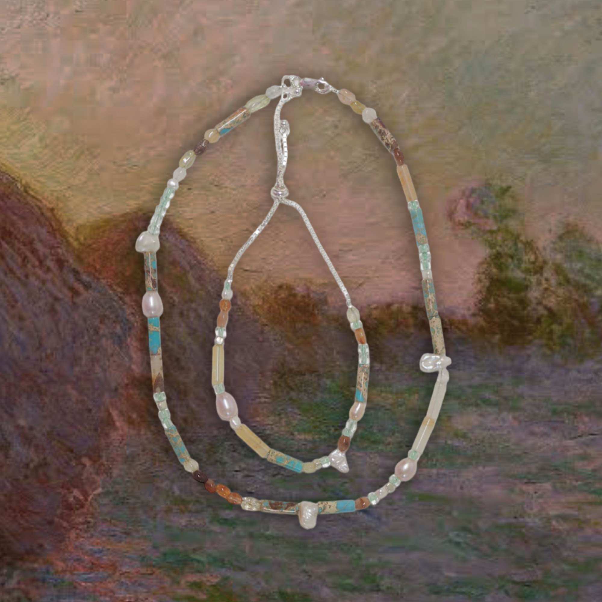 Jiira x Monet&friends -Grain stack with sunset necklace สร้อยคอหิน และไข่มุก ราคา 2,090 บาท*ส่งฟรี