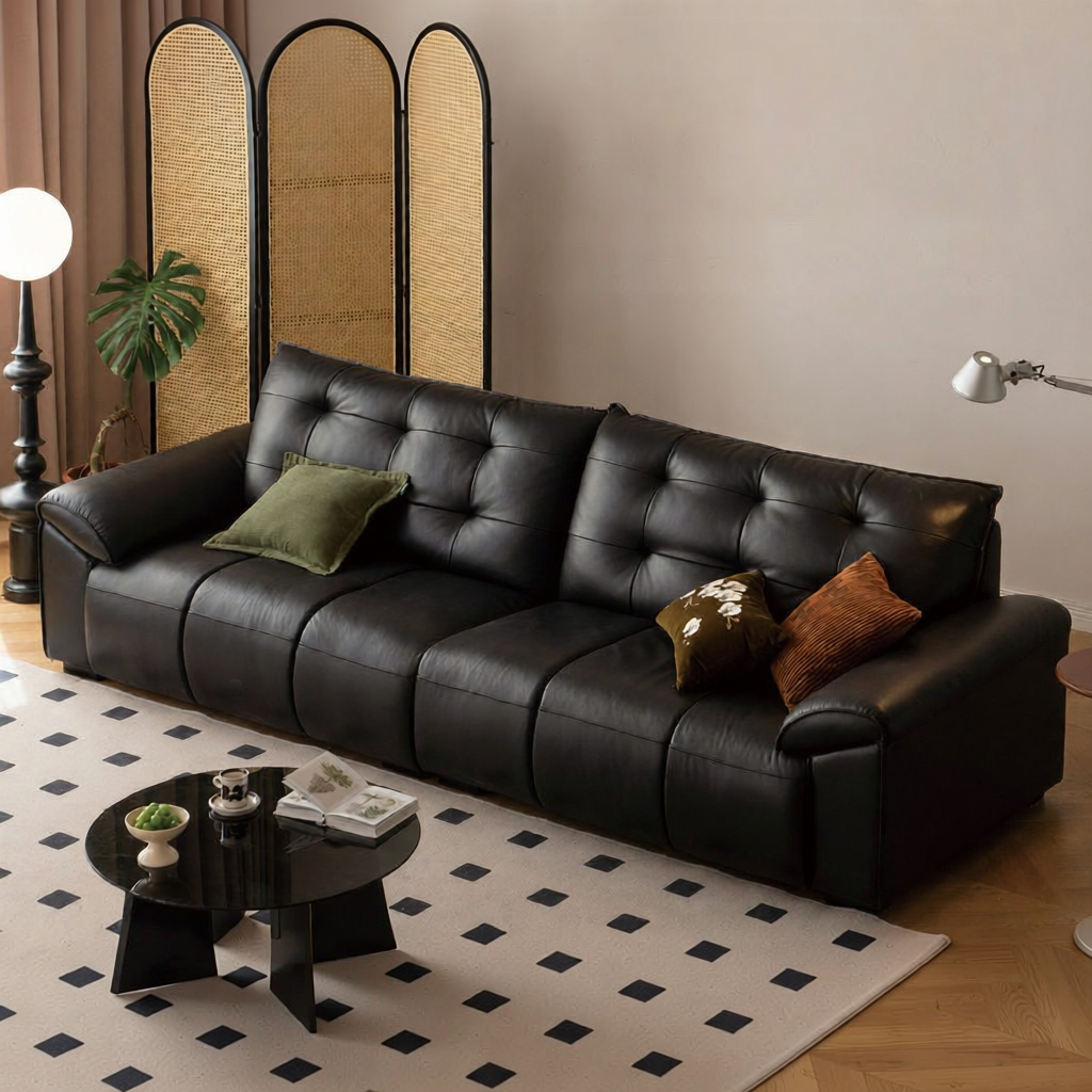 รูปสินค้า WEISHA | Leather Sofa For Living Room First Layer Cowhide Black Three Seater