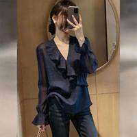 KUNAILIN | เสื้อเบลาส์ผู้หญิงคอวีลายระบายหลวม สีฟ้า สำหรับใส่ทำงาน