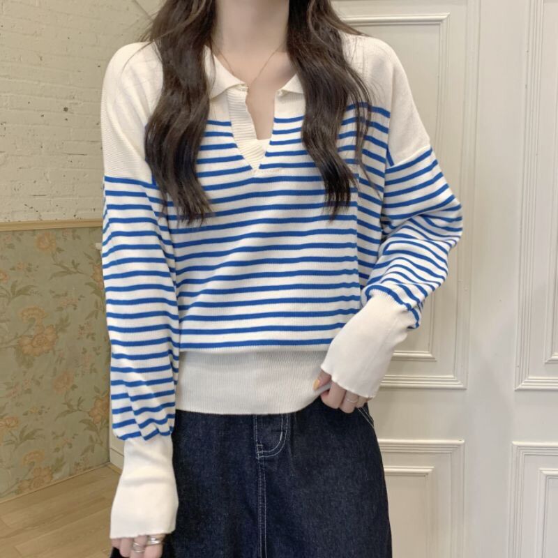 เสื้อยืดไหมพรมแขนยาวลายทาง คอปกแต่งหน้าวี แฟชั่นใส่สบาย - TuajeeD ...