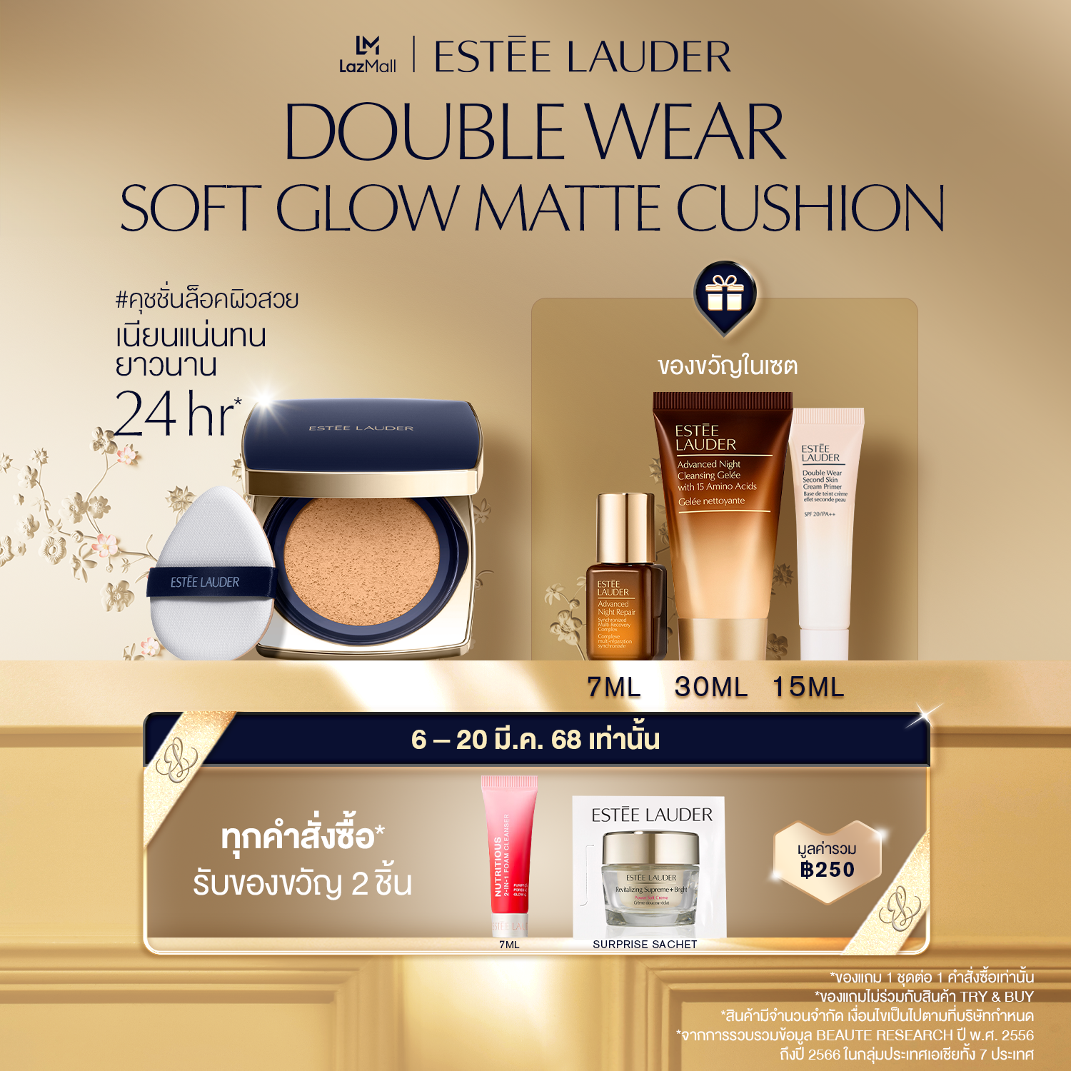 NEW Estee Lauder Double Wear Soft Glow Matte Cushion Makeup SPF 45/PA+++ & Refill • Longwear matte flawless finish ราคา 2,800 บาท*ส่งฟรี