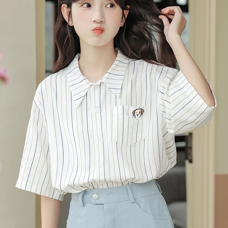 เสื้อเชิ้ตลายทางสำหรับนักเรียนต้น15ชุดฤดูร้อนสำหรับเด็กหญิงอายุ13ปีเด็กหญิงอายุ12ปีเสื้อแขนสั้นสไตล์เพรพพี้ดูสดใส ราคา  445 บาท*ส่งฟรี