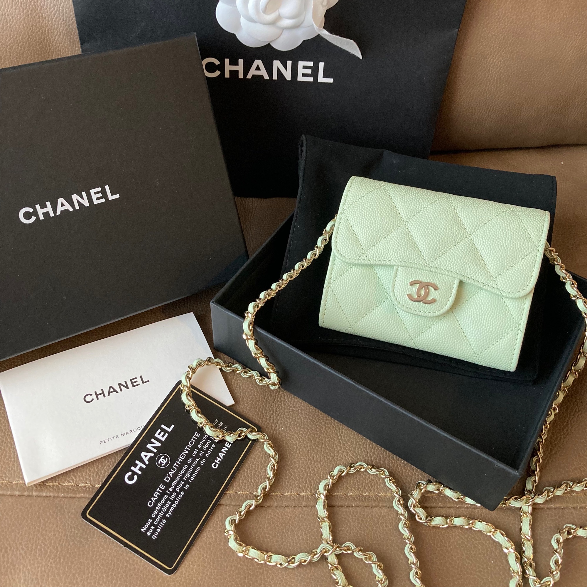 New! Chanel Caviar Light Green XL Card Holder With Chain Bag GHW Holo31