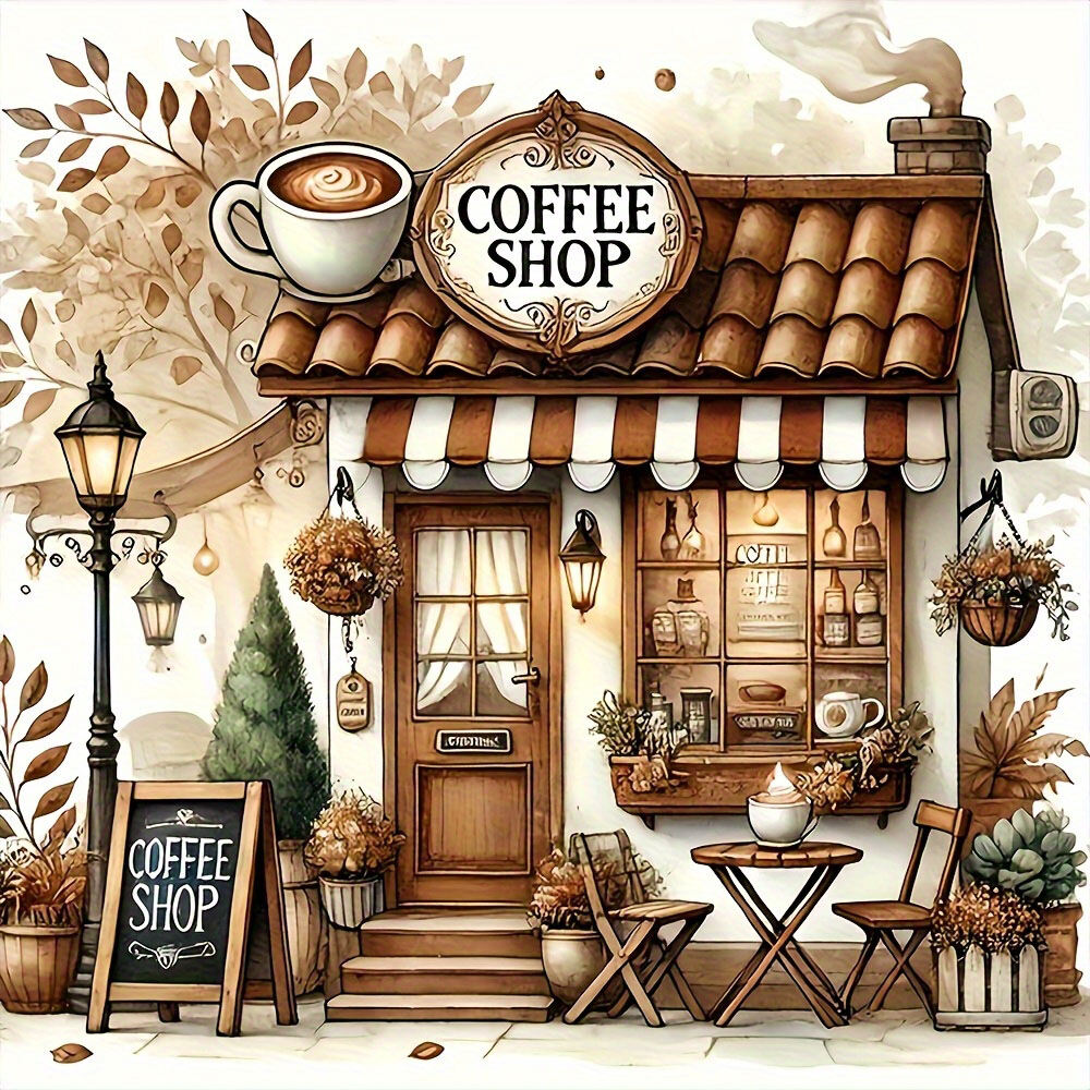 ชุดปักครอสติช ร้านกาแฟฤดูใบไม้ร่วง งานปักภาพวิวทิวทัศน์ งานฝีมือ 11Ct ภาพพิมพ์บนผ้าแคนวาส ของตกแต่งบ้าน