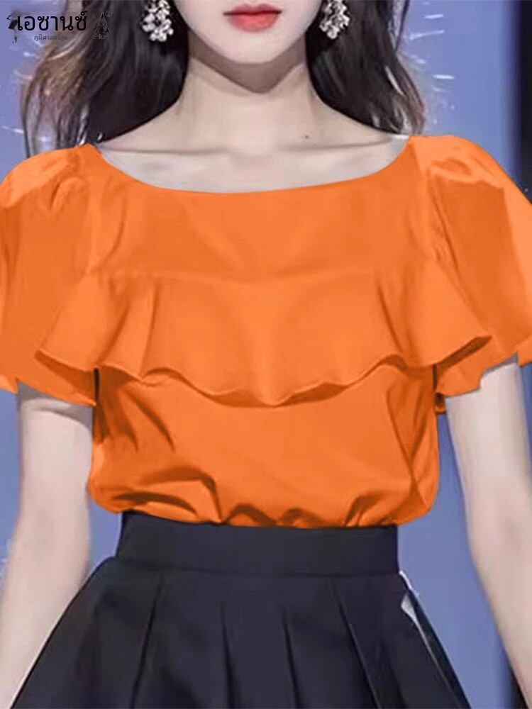 Zanzea เสื้อคอกลมแต่งระบายสไตล์เกาหลี, เสื้อปะต่อหรูหรา2024งานปาร์ตี้ฤดูใบไม้ร่วงเสื้อแขนสั้นผ้าชีฟองวินเทจ ราคา 147 บาท*ส่งฟรี