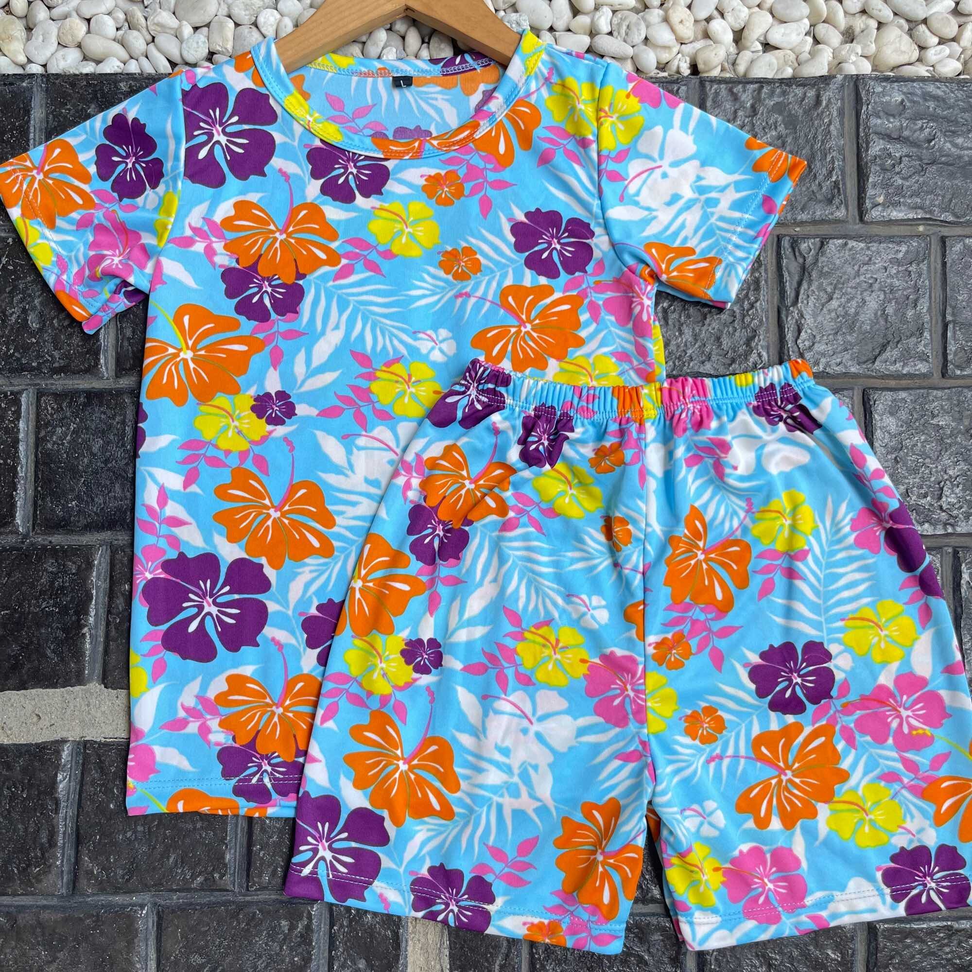 ชุดเด็กแขนสั้นขาสั้น ผ้าไมโครนิ่มสีสดสีไม่ตก ดอกไม้ สงกรานต์ ลายชบา5แฉก ราคา  79 บาท*ส่งฟรี