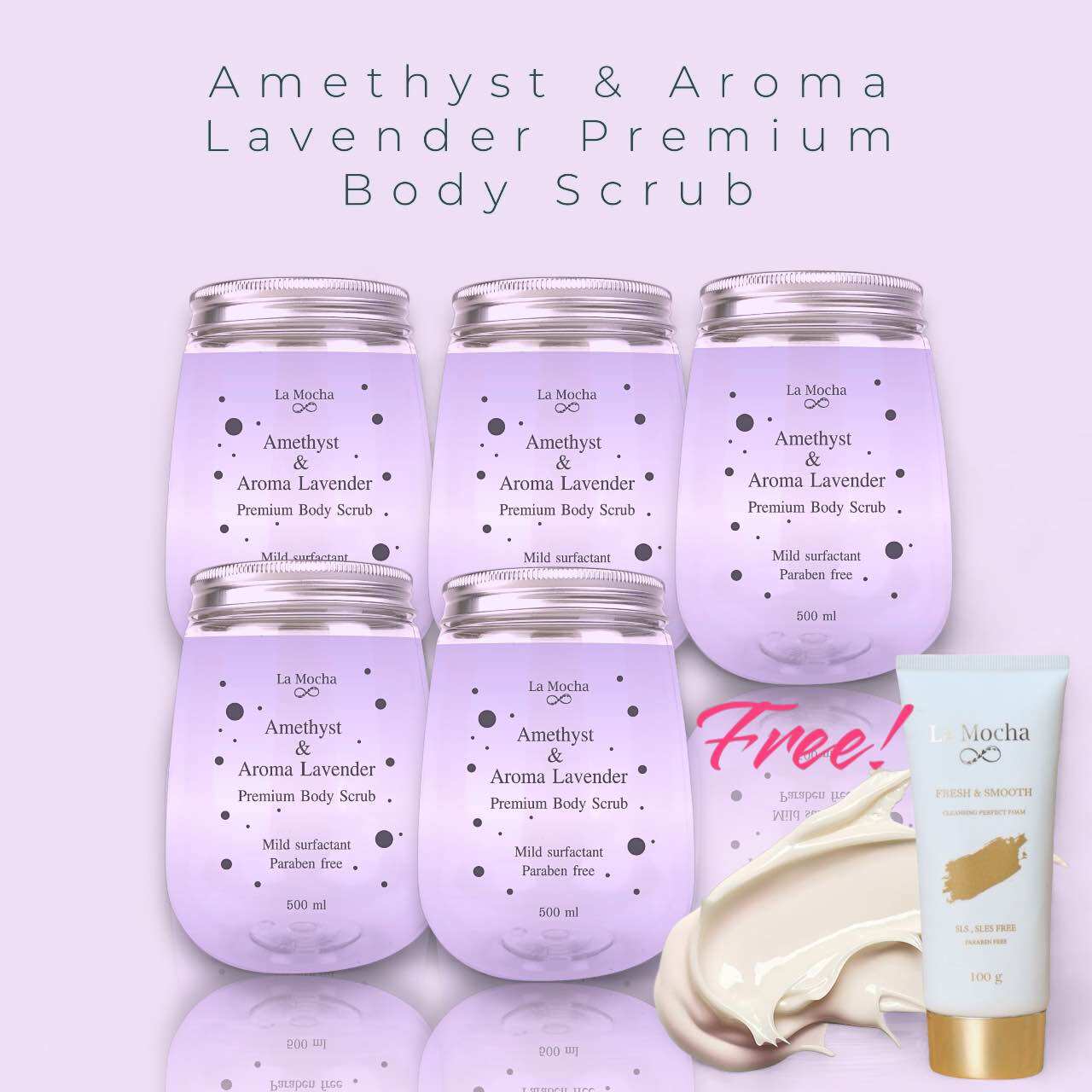 Bestsellers Pre-Order 🔮 🪻 Set of 5 Jars + Free Gold Foam Facial Cleanser ⚡️ La Mocha Amethyst & Aroma Lavender Premium Body Scrub ราคา 7,999 บาท*ส่งฟรี