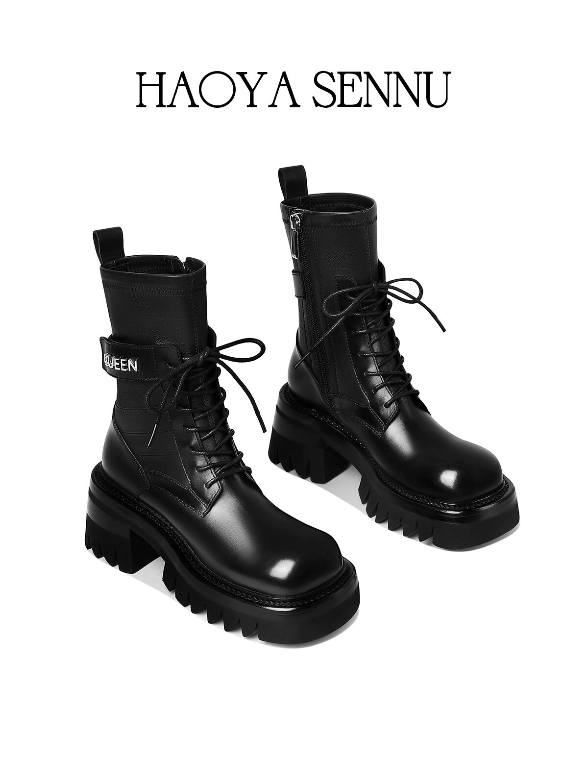 HAOYASENNU | Thick Sole Square Toe Short Boots Black Leather Motorcycle Boots ราคา 9,155 บาท*ส่งฟรี