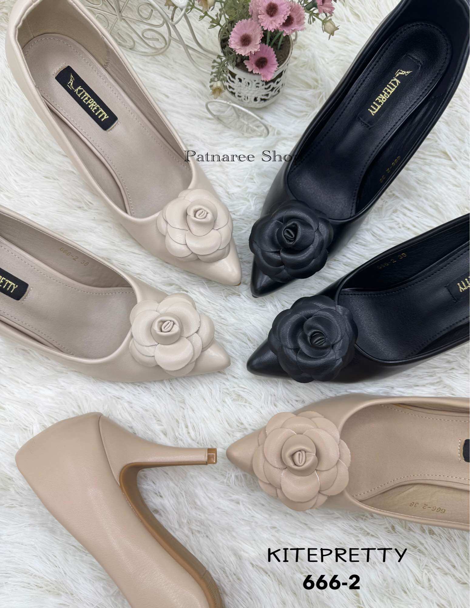 Kitepretty Work Shoes, Model 666-2, Super Soft Pu Leather, Decorated Front, 3 Inch High Heel, Pointed Toe, Size 35-40. ราคา 429 บาท*ส่งฟรี