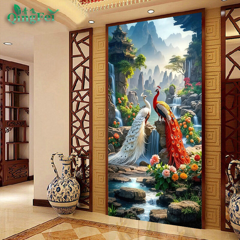 QINGFEI | ภาพปักครอสติชหัวนกยูงโรแมนติก สำหรับห้องนั่งเล่นแบบโมเดิร์น