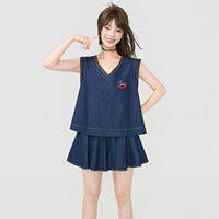 KEIKO | ชุดเสื้อกั๊กยีนส์สีอ่อนสไตล์วินเทจ
