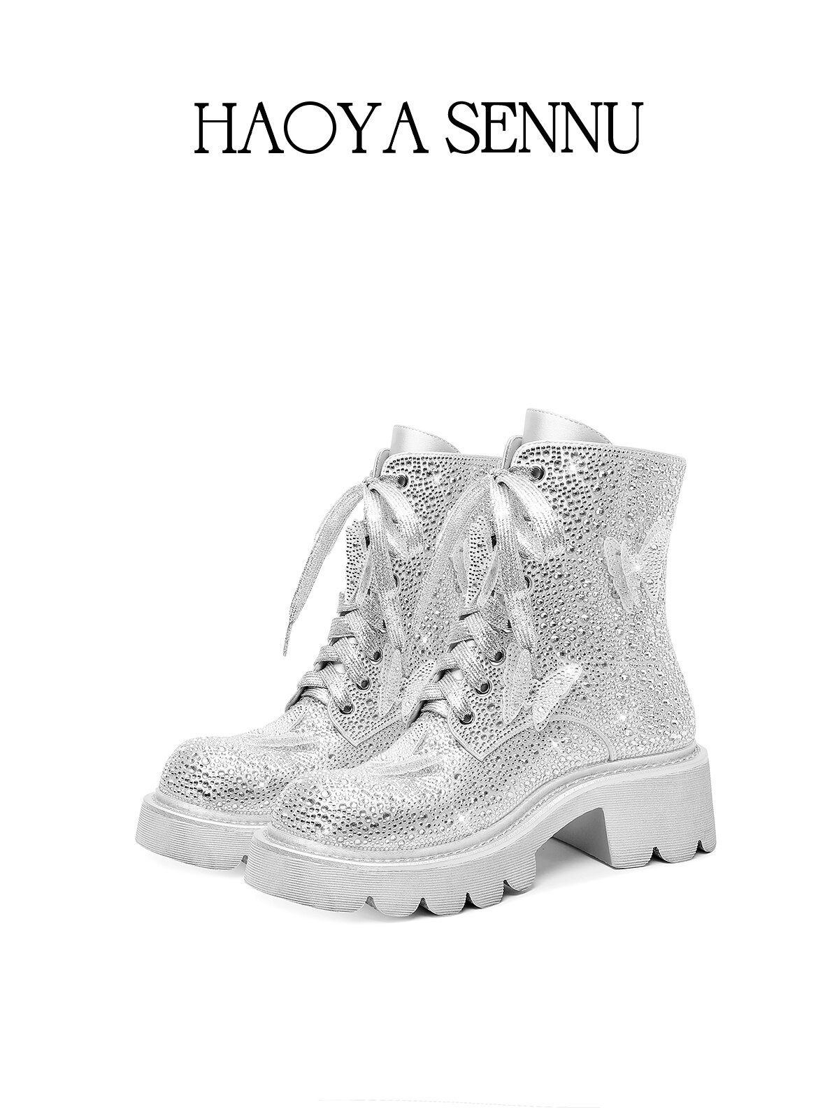 HAOYASENNU | Fashion Week Style Full Diamond Round Toe Thick Sole Short Boots Silver Rhinestone Boots ราคา 10,494 บาท*ส่งฟรี