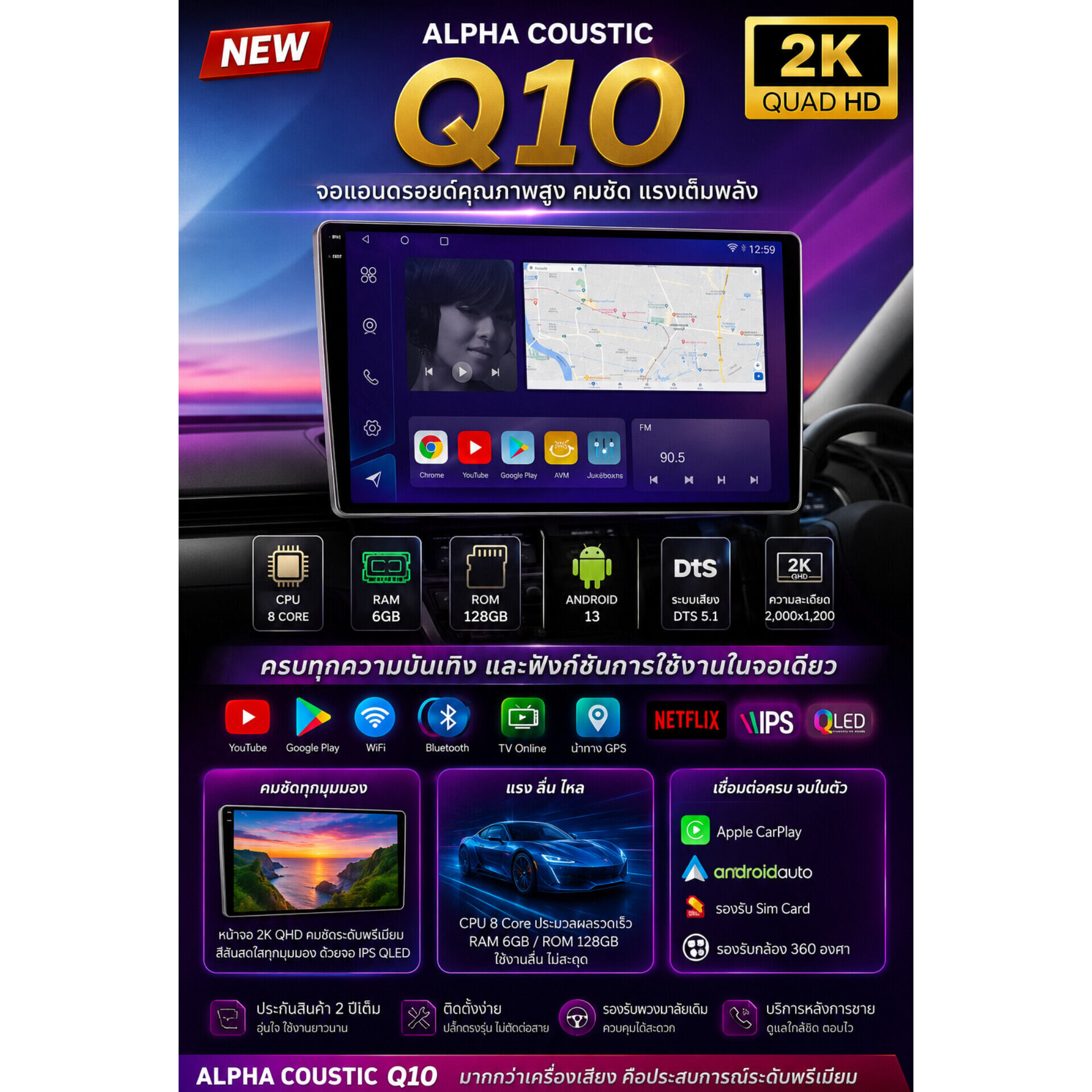 อุปกรณ์และชิ้นส่วนยานยนต์ Alpha Coustic Q10 2K Ram 6 Gb Rom 128 Gb Android 13 ขนาดหน้าจอ 10 นิ้ว Dsp 5.1 Qualcomm Cpu 2520X1080P หน้าจอเครื่องเล่นและจอแสดงผล Roid ติดรถยนต์ ราคา 18,900 บาท*ส่งฟรี