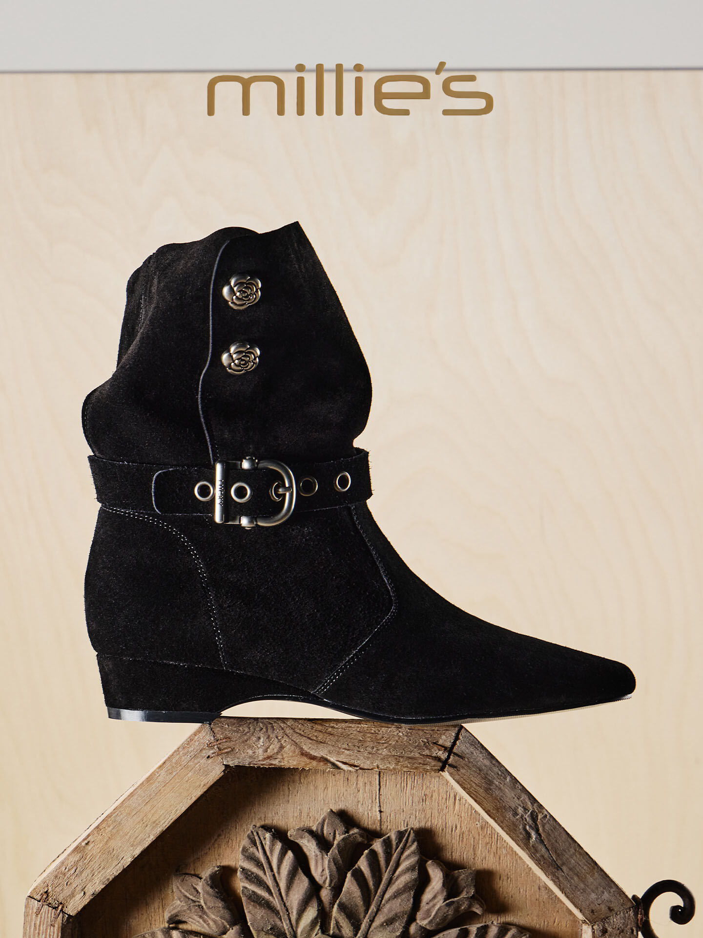 MILLIE'S | Retro Suede Belt Buckle Short Boots Women Pointed Two-way Wear Slim Western Fashion Biker ราคา 8,028 บาท*ส่งฟรี