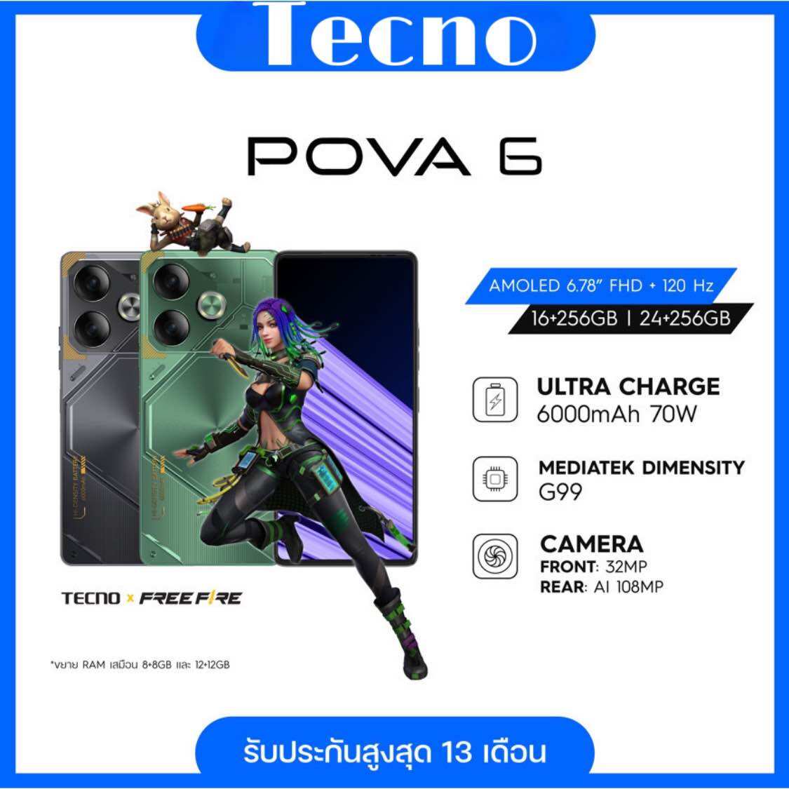 TECNOPova 6 (12+256GB) | 6000mAh 70W | หน้าจอ 120HZ AMOLED | 108MP | รับประกัน 13 เดือน ราคา 7,995 บาท*ส่งฟรี