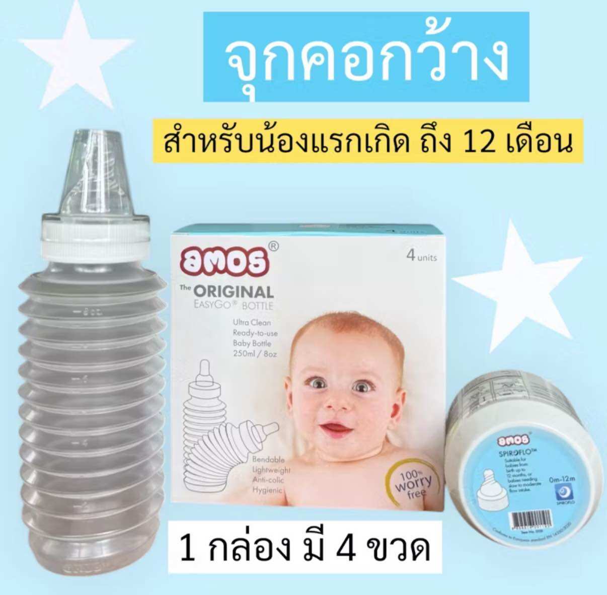 ขวดนมพกพาใช้แล้วทิ้ง จุกคอกว้าง กล่องเล็ก(4ขวด) สีฟ้า