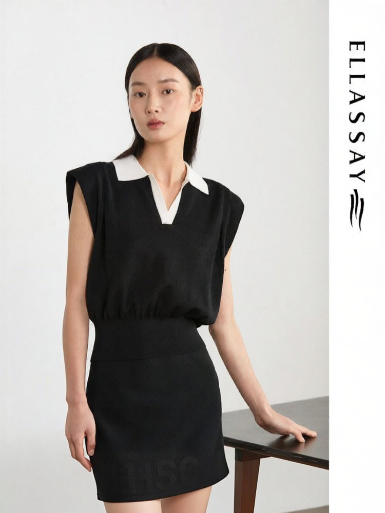 ELLASSAY | Spring Summer New Knitted Vest Cotton Triacetate Simple Collar ราคา 9,869 บาท*ส่งฟรี