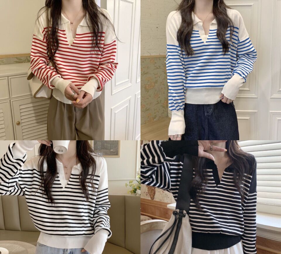 เสื้อยืดไหมพรมแขนยาวลายทาง คอปกแต่งหน้าวี แฟชั่นใส่สบาย - TuajeeD ...