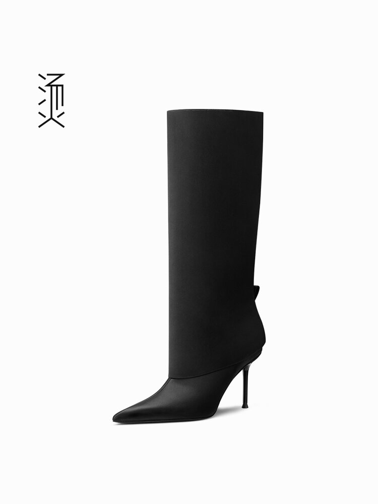 FEEEEVER | Black Canvas Pointed Toe Slim High Heels Thigh Boots for Autumn/Winter ราคา 10,012 บาท*ส่งฟรี