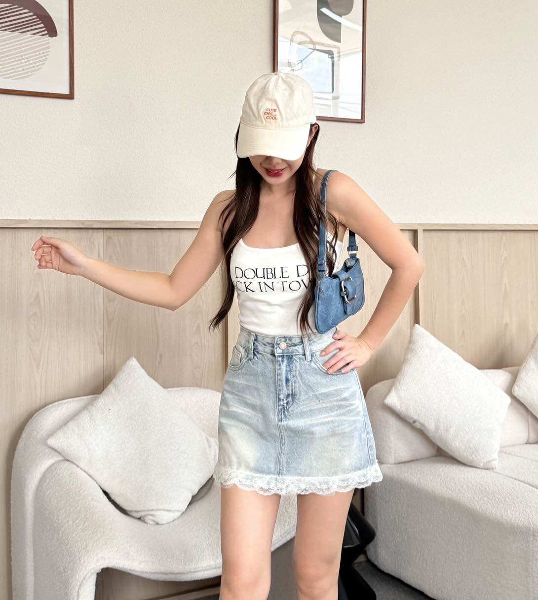 ใหม่ล่าสุด กระโปรงกางเกง เอวสูง สียีนส์ฟอกยับ แต่งชายลูกไม้ มีไซส์ S-7XL เอว 24-44” ราคา 570 บาท*ส่งฟรี