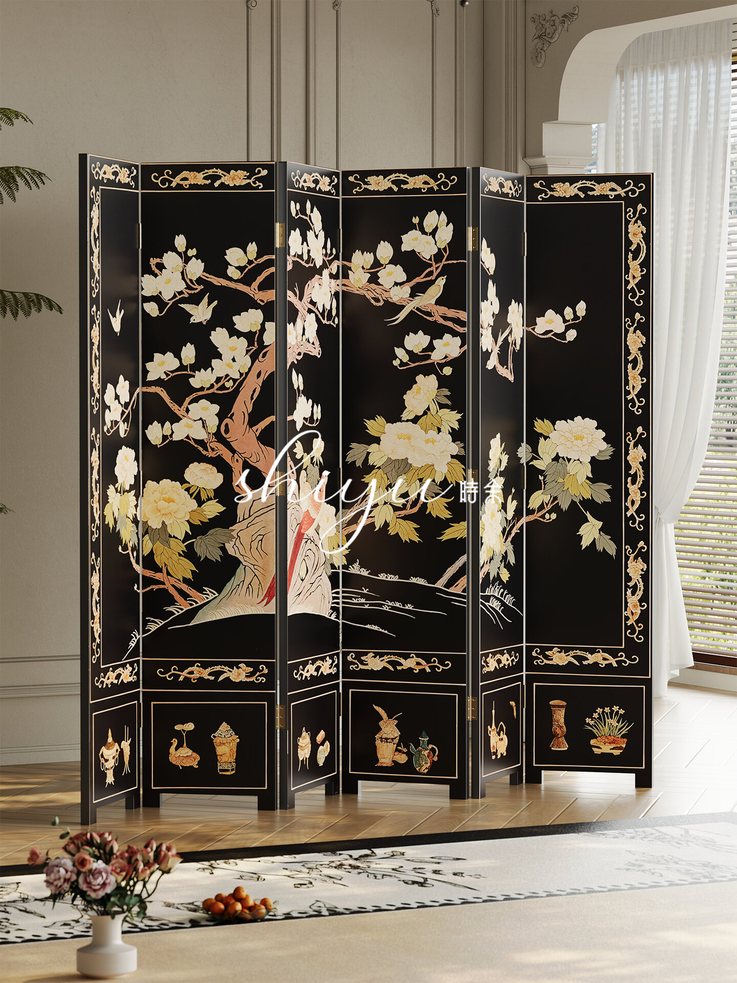 Hand-painted Antique French Chinese Style Wooden Screen ราคา 51,633 บาท*ส่งฟรี