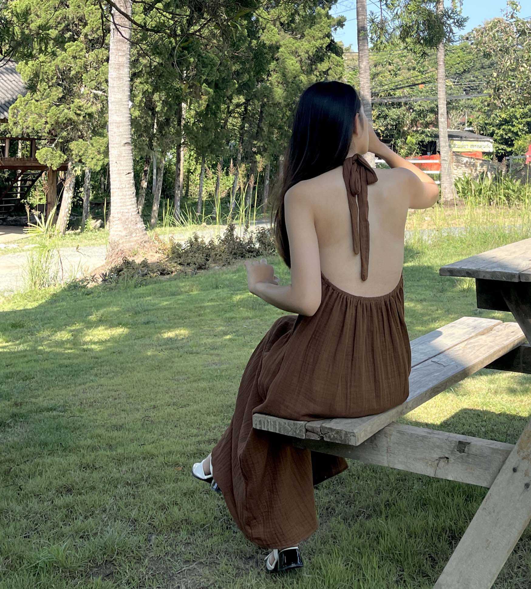 เดรสยาวมัดคอ, Brown maxi dress 🤍🍃 （สามารถสั่งตัดความยาวได้นะคะ)