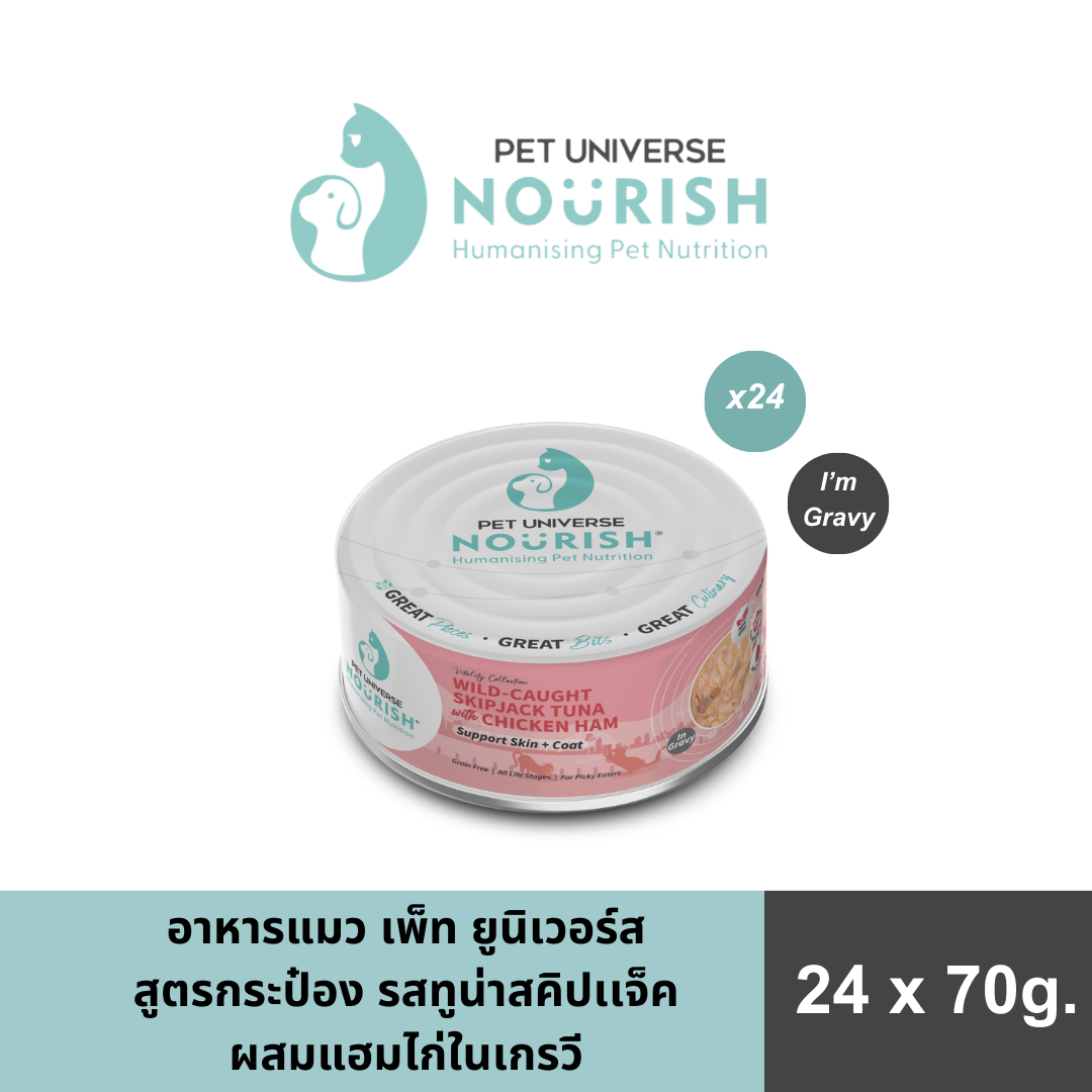 เพ็ท ยูนิเวอร์ส นูริช อาหารแมวเเบบกระป๋อง รสทูน่าสคิปเเจ็คจับจากธรรมชาติผสมแฮมไก่ในเกรวี เหมาะสำหรับแมวโตเต็มวัยและสูงอายุ ช่วยในเรื่องบำรุงผิวและขน / Pet Universe Vitality Cat Canned Food Skipjack Tuna with Chicken Ham in Gravy - Skin+Coat - 24 กระป๋อง ราคา 840 บาท*ส่งฟรี