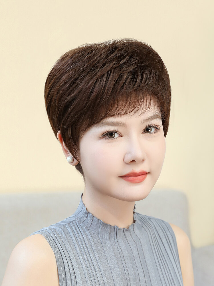 BAIMEI SILK | Natural Full Wig Short Straight Hair Voluminous Textured Hair Mother Short Hair Senior Women ราคา 6,208 บาท*ส่งฟรี