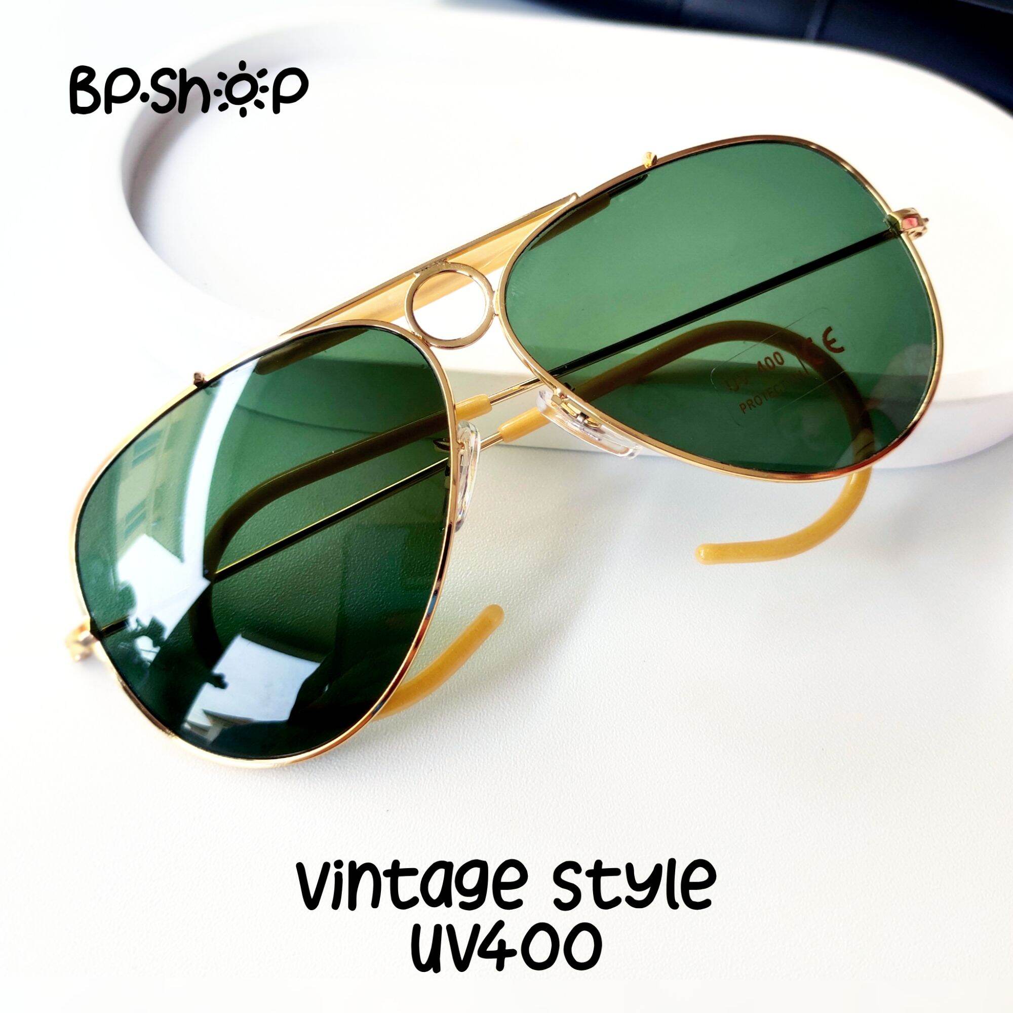 Sunglasses, Glasses, Clip-On Frames, Center Front, Mirror Lenses, Large Vintage Style Glasses. Green Lenses with Gold Rim (Free Assorted Boxes + Cloth)